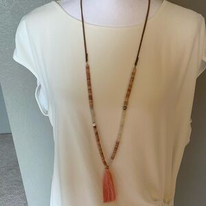 Serefina Carla Beaded Tassel necklace, coral/cream, adjustable length